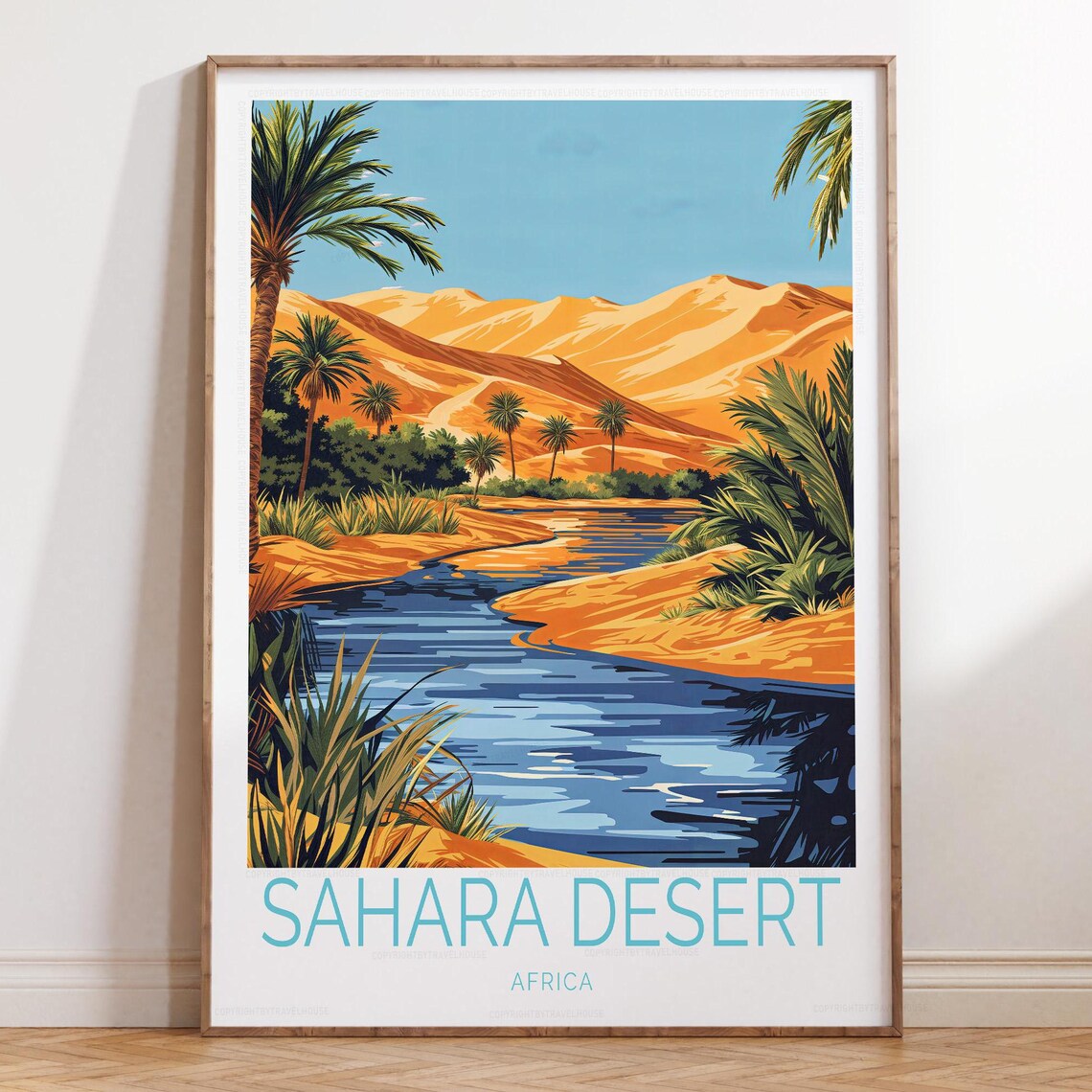 Sahara Desert Africa Oasis River Palms Golden Dunes Travel Poster