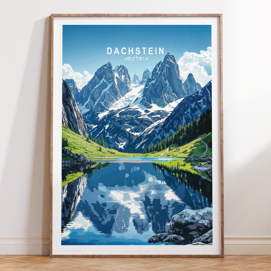 Dachstein Austria Snowy Alpine Peaks Mirror Lake Vintage Travel Poster