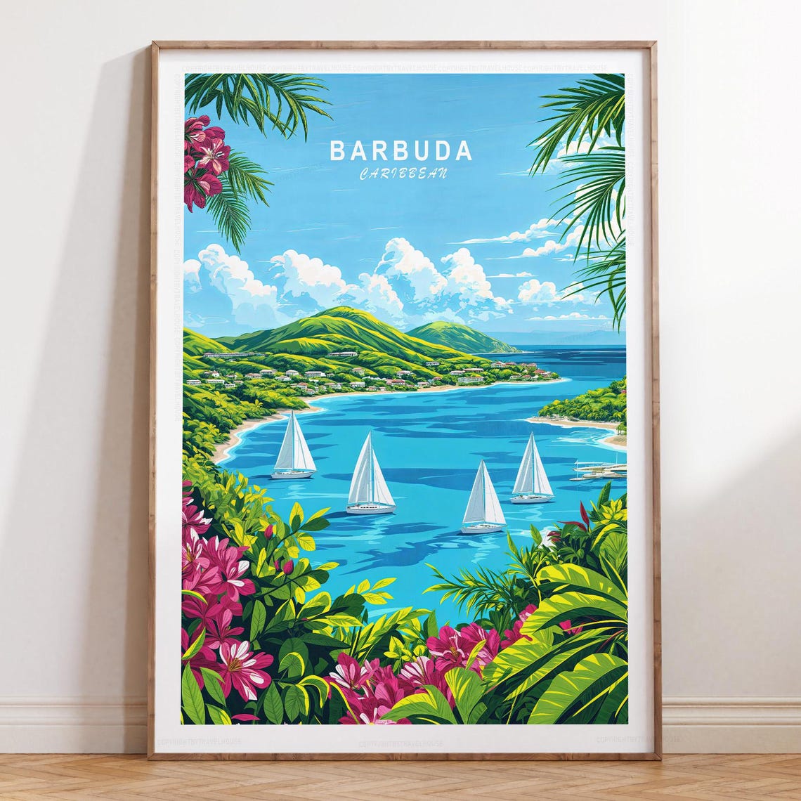 Barbuda Caribbean Sailing Yachts Hillside Coast Travel Poster