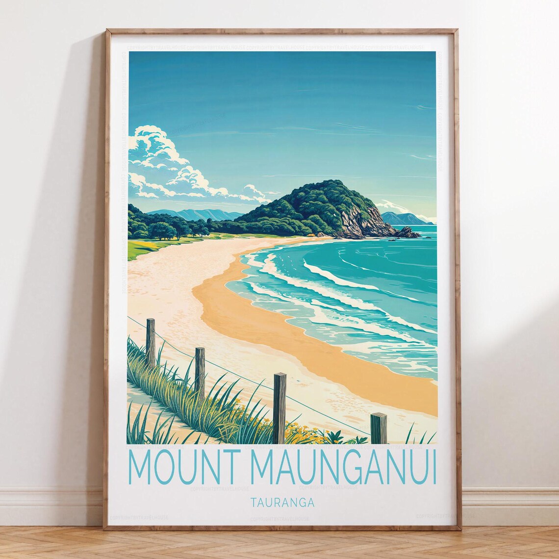 Mount Maunganui Tauranga Beach Waves Coastal Sunset Travel Poster