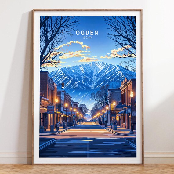 Ogden Utah Historic Main Street Winter Mountain Town Evening Travel Poster