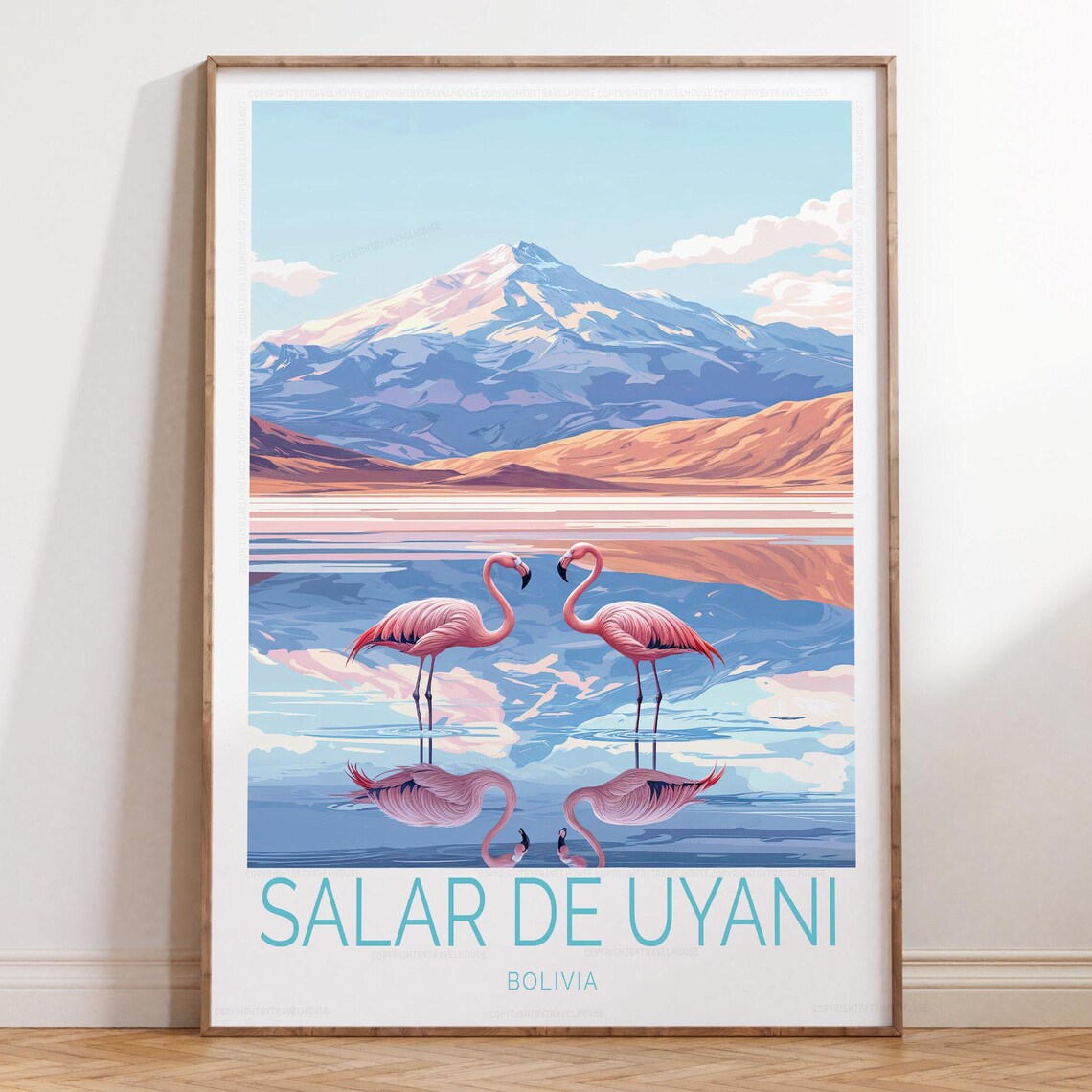 Salar De Uyuni Flamingos Mirror Lake Mountain Bolivia Travel Poster