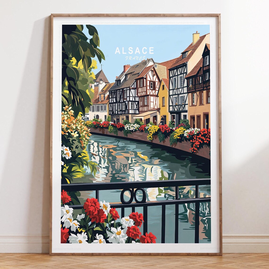 Alsace France Half Timbered Houses Flower Canal Travel Poster