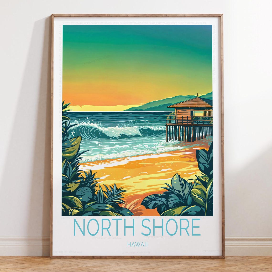 North Shore Hawaii Orange Sunset Beach Waves Pier House Poster