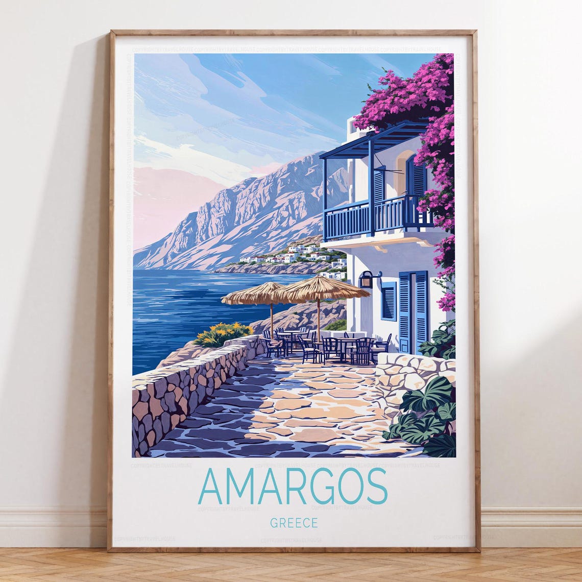 Amorgos Greece Coastal Terrace Retro Travel Poster With Bottom Title