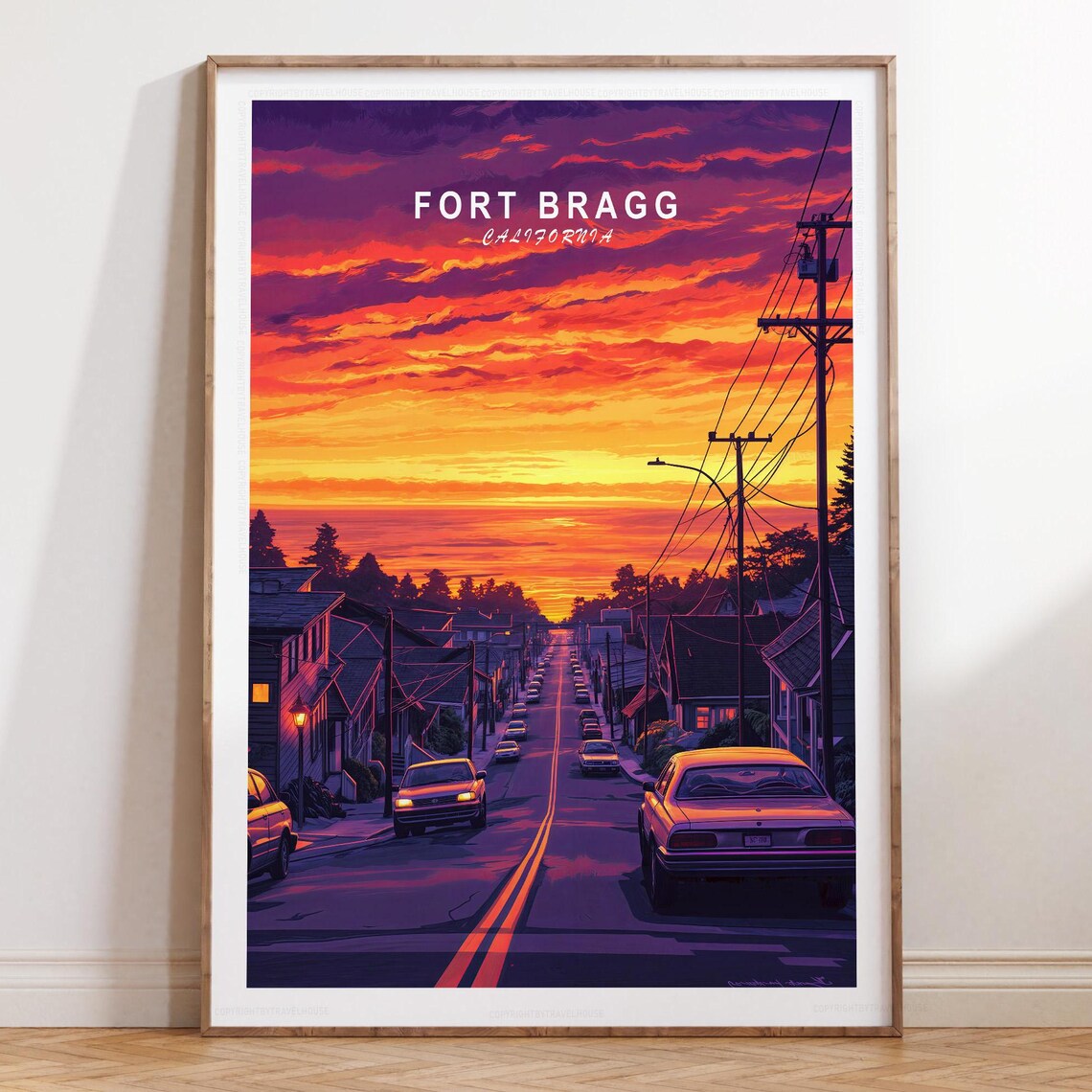 Fort Bragg California Sunset Street Blazing Coastal Town Poster