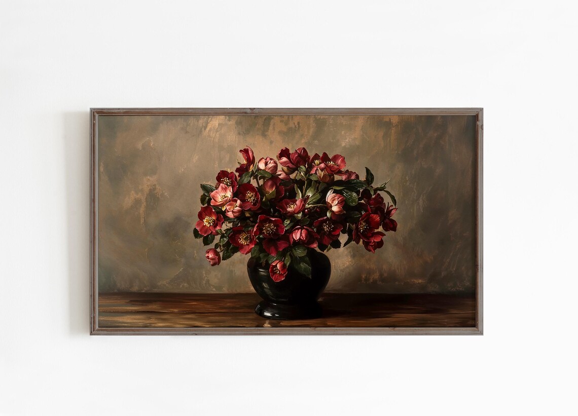 Moody Red Hellebore Flowers Black Vase Vintage Still Life Floral Print