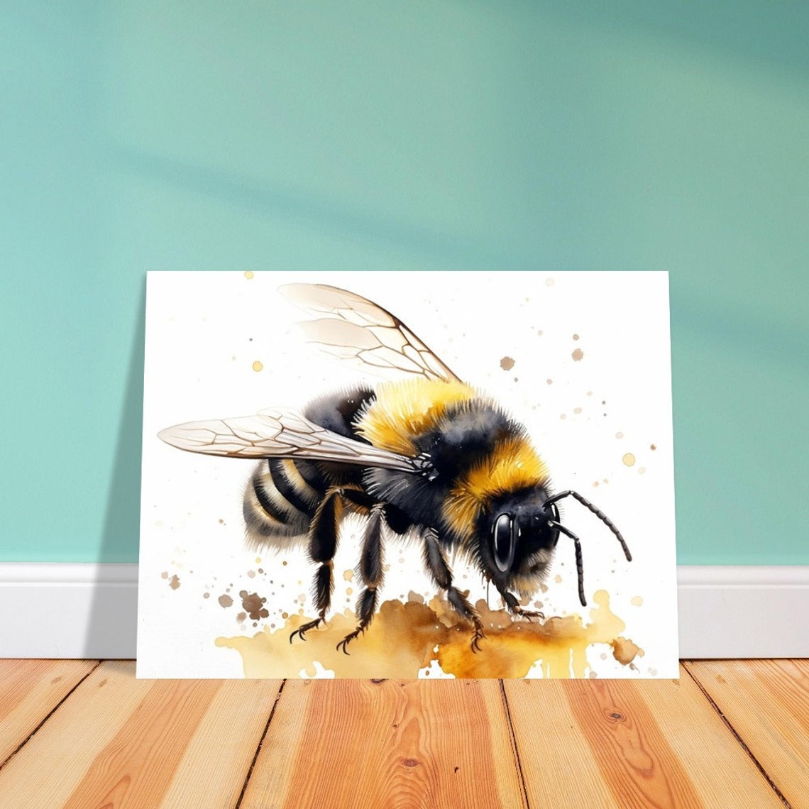 Bumblebee Close Up Yellow Black Watercolour Flying Insect Poster - Image 3