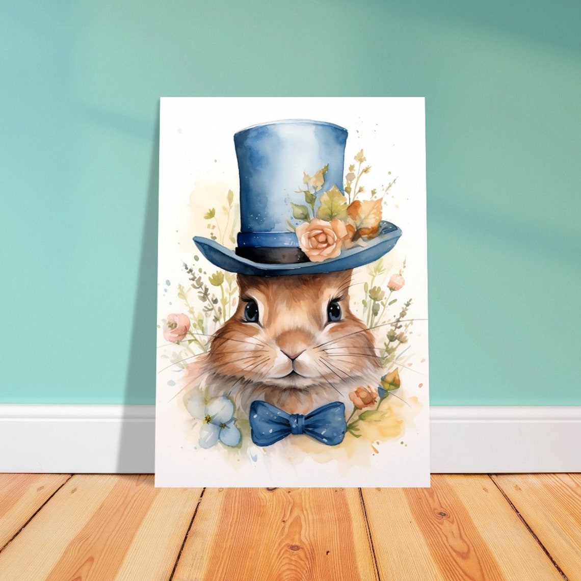 Cute Rabbit Blue Top Hat Bow Tie Watercolour Floral Art Poster - Image 2