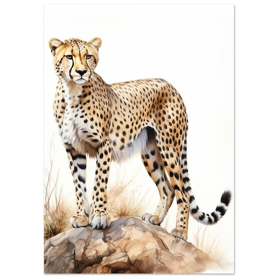 Majestic Cheetah on Rocky Outcrop Watercolour Safari Animal Art Poster