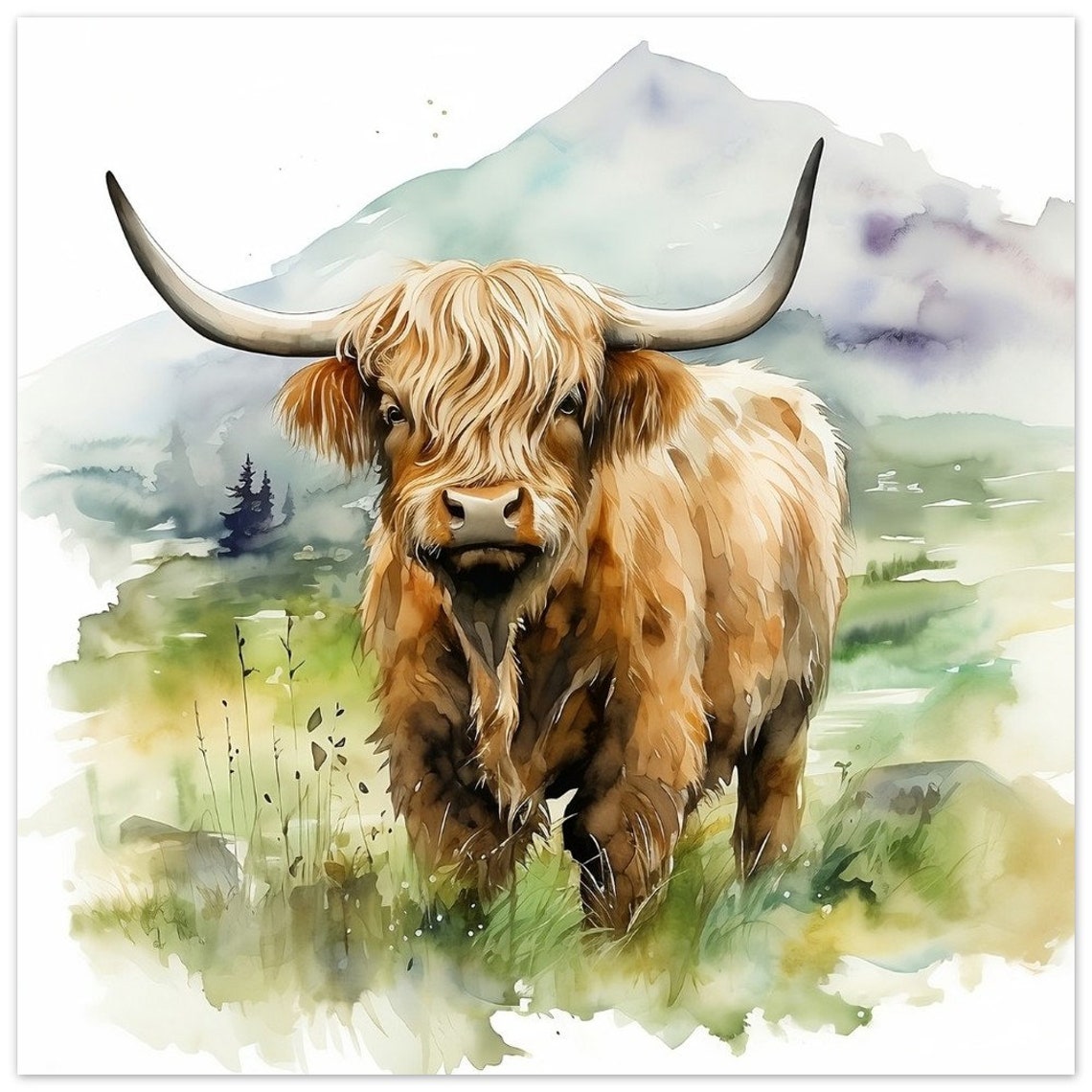 Gentle Highland Cow Misty Mountain Meadow Watercolour Farm Art Poster