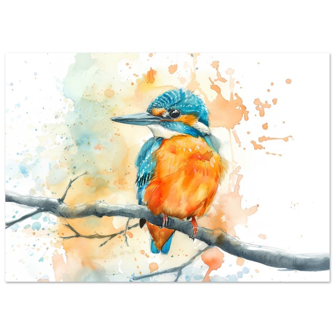 Kingfisher Watercolor Art Print, Bird on a Branch