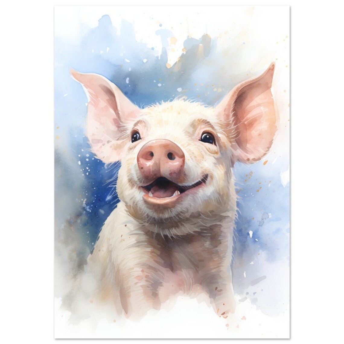 Happy Pig Watercolour Painting Smiling Piglet Cute Farm Art Poster