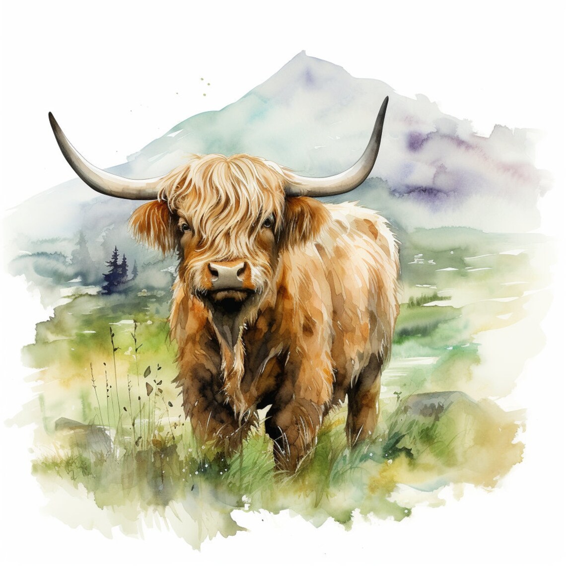 Friendly Highland Cow Sunny Meadow Watercolour Scottish Farm Poster