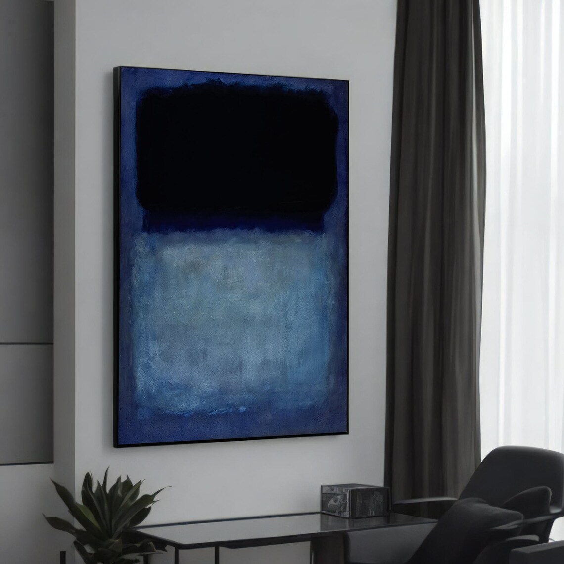 Dark Blue Color Field Abstract Poster Moody Modern Minimalist Painting