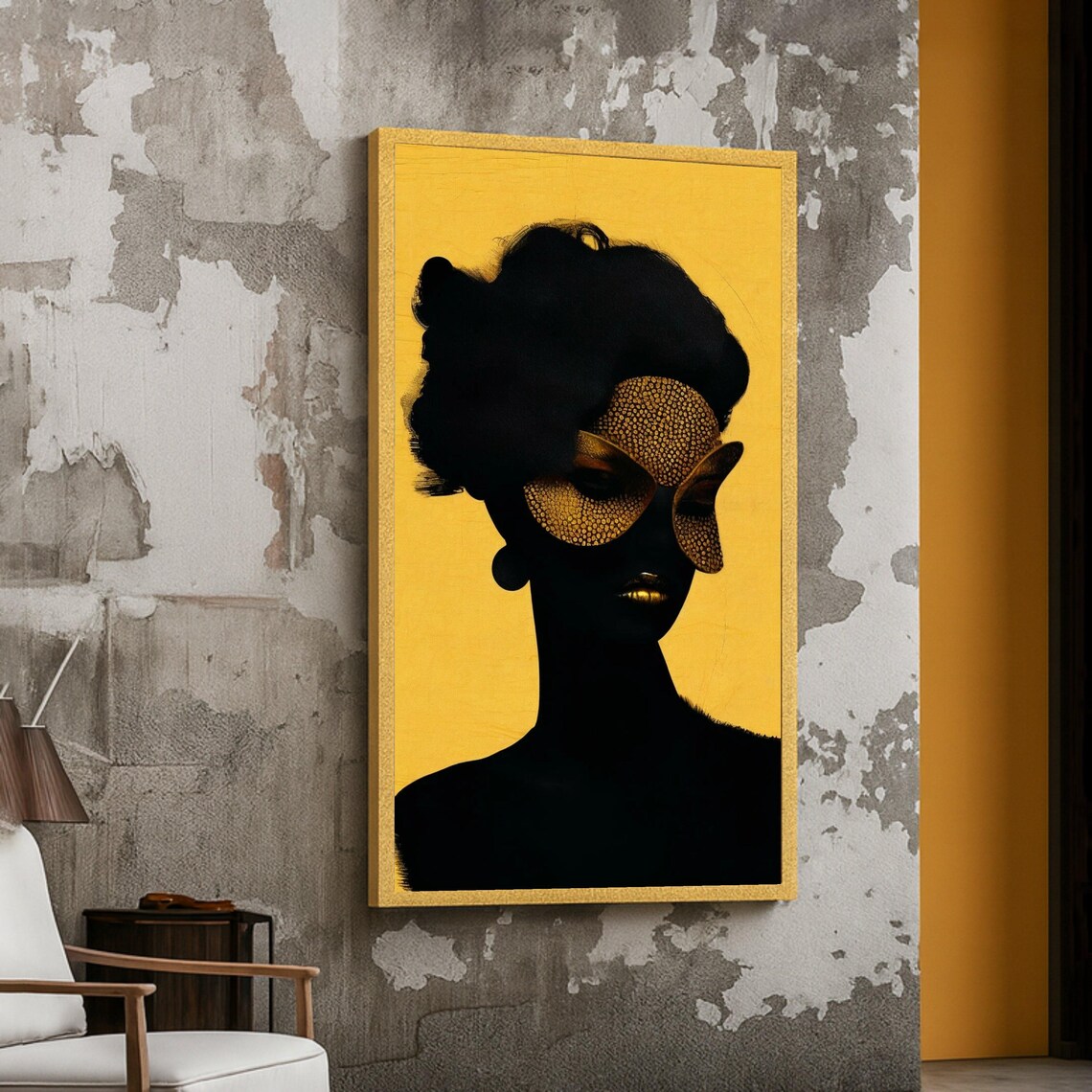 Elegant Black Silhouette Woman With Gold Eye Mask Art Poster