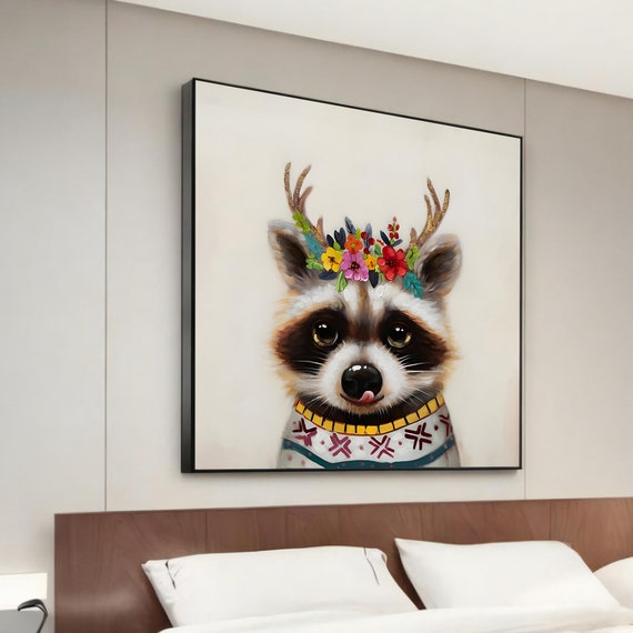 Adorable Raccoon With Antlers Canvas Painting Whimsical Animal Art Modern Wall Decor Unique Home Decoration Ready To Hang