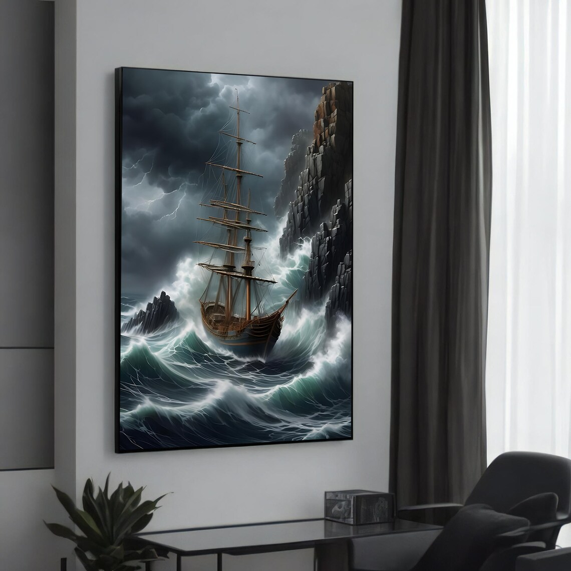 Stormy Seas Ship Battling the Waves, Nautical Art Print