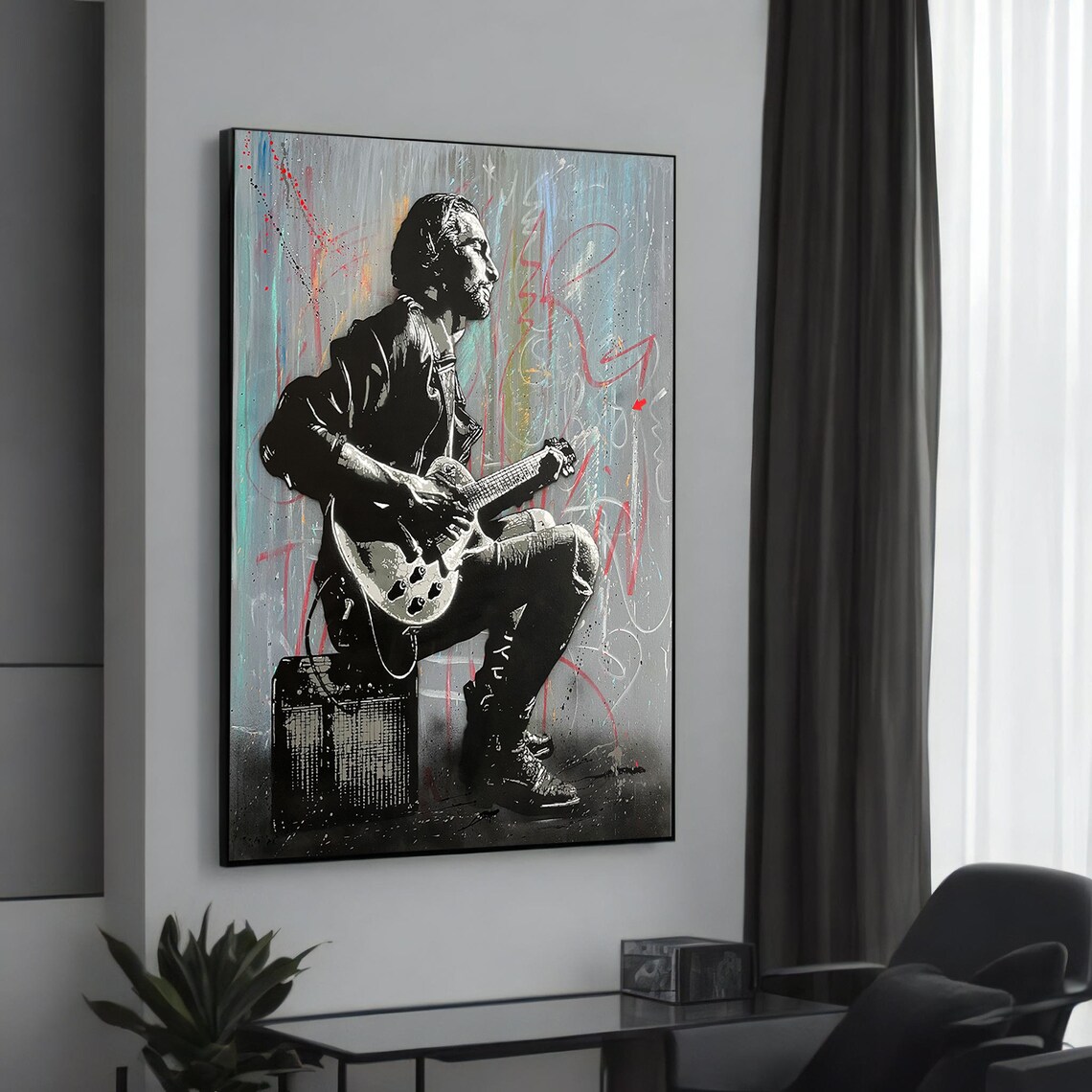 Bold Urban Street Guitarist Stencil Art Modern Musician Canvas Poster