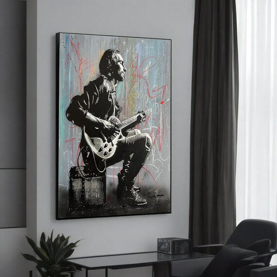 Bold Urban Street Guitarist Stencil Art Modern Musician Canvas Poster