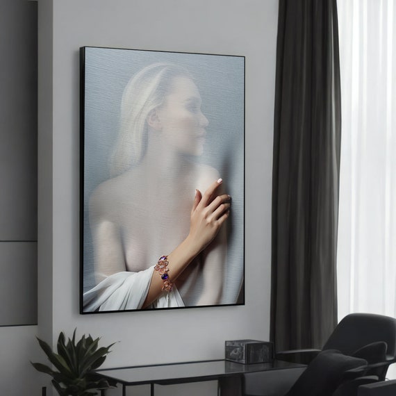 Elegant Woman Behind Translucent Fabric Modern Canvas Painting Unique Sensual Art For Contemporary Wall Decor