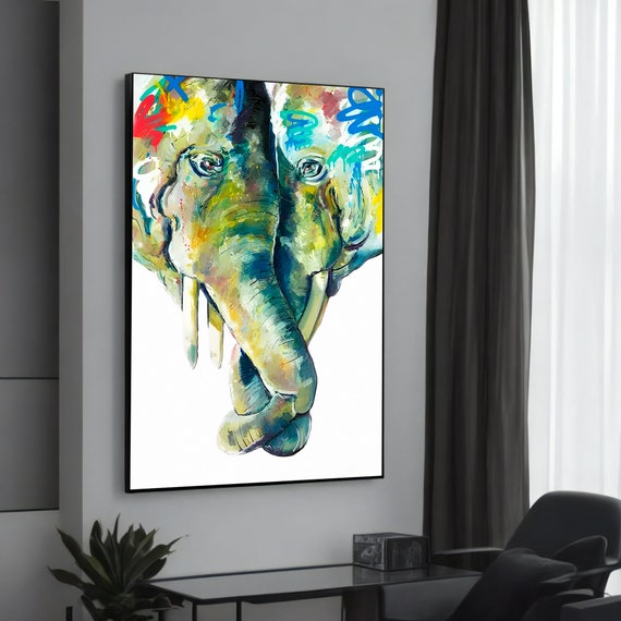 Colorful Elephant Couple Canvas Painting Vibrant Animal Art Bold And Expressive Decor Modern Wall For Lovers