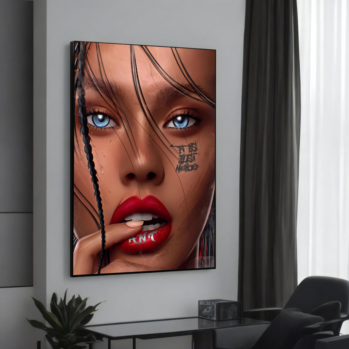Intense Blueeyed Woman With Tattoos, Graffiti Art Print