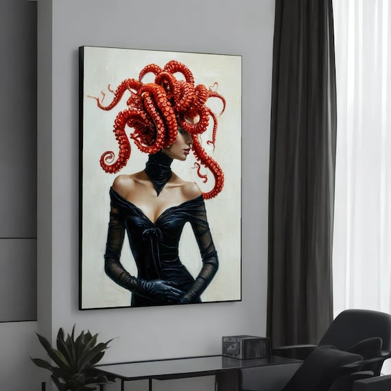Red Octopus Tentacle Hair Surreal Portrait Elegant Black Dress Poster