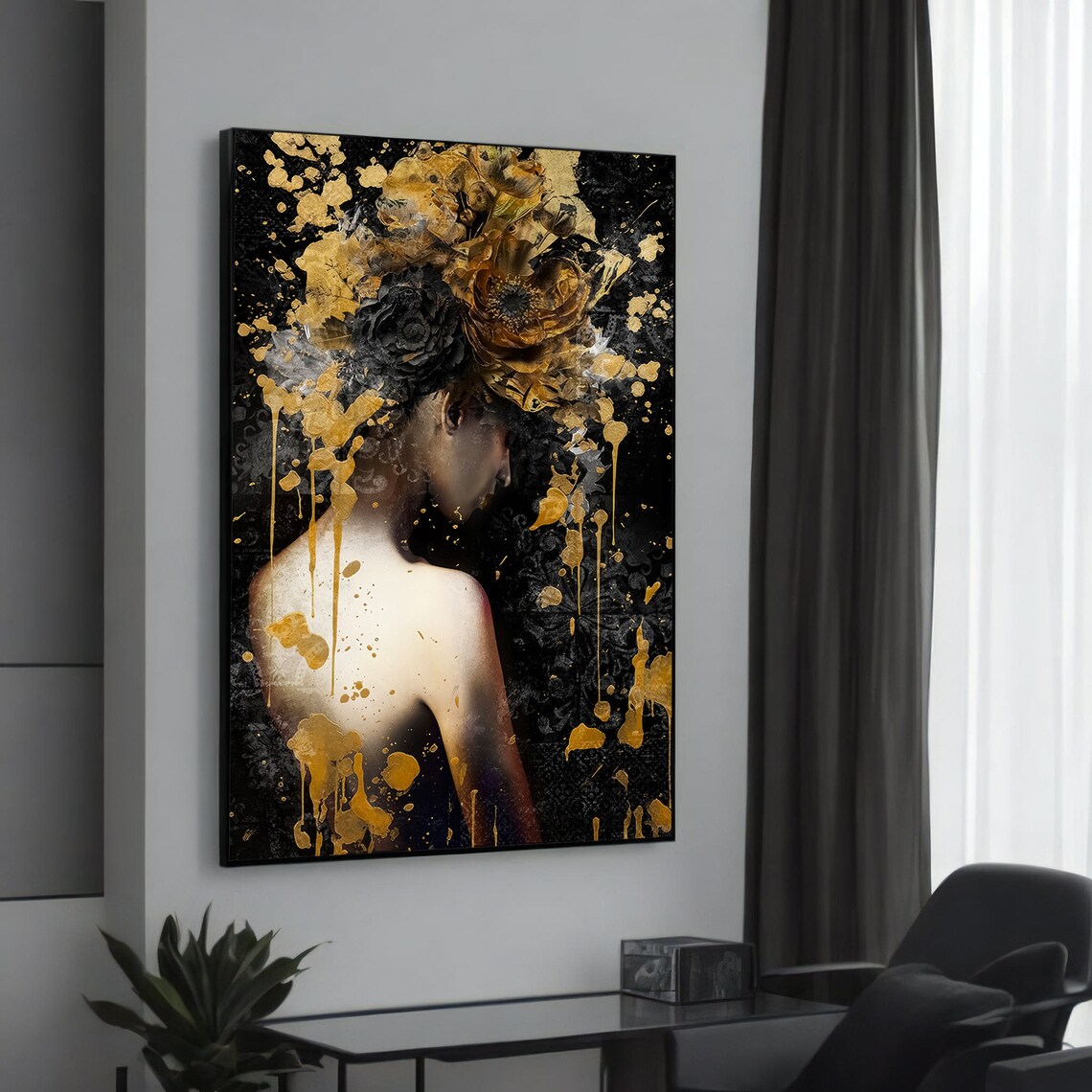 Golden Splattered Woman With Floral Headpiece, Abstract Art Print
