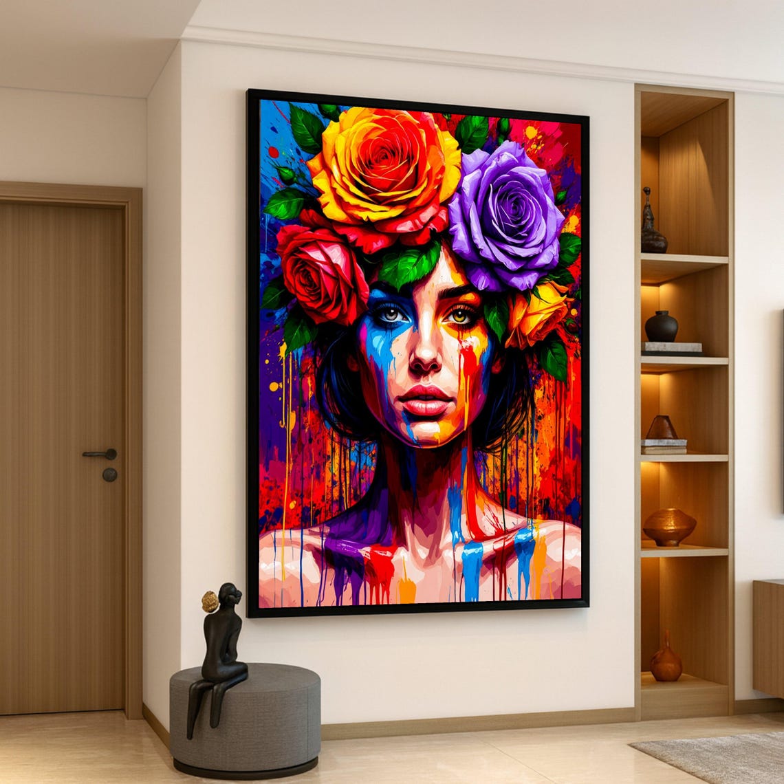 Vibrant Woman Portrait Rose Crown Paint Drip Colorful Wall Art