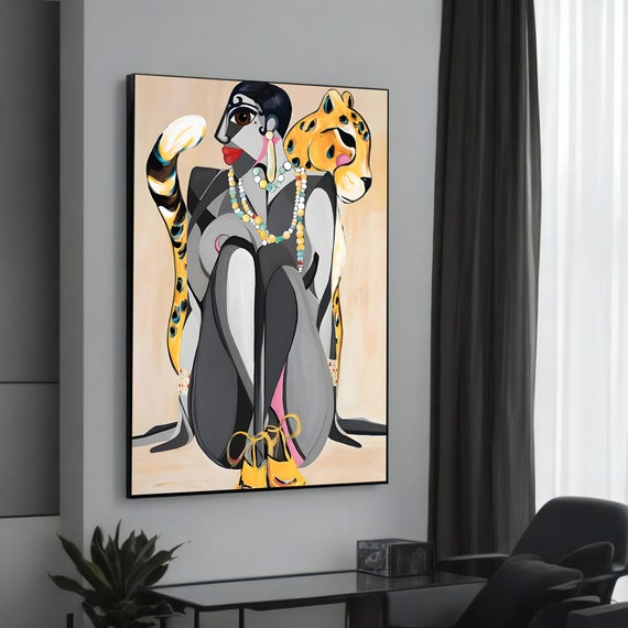Vibrant Modern Canvas Painting Abstract Woman With Leopard And Colorful Jewelry Unique Wall Art Gift Contemporary Decor