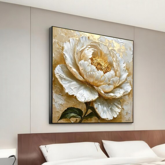 White Peony Gold Impasto Flower Textured Floral Wall Art Painting