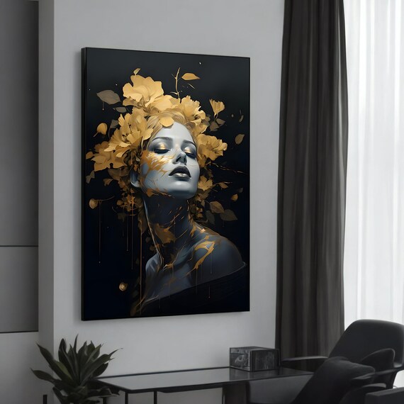 Golden Luxury Floral Woman Portrait Dark Elegant Modern Art Poster