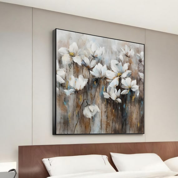 White Flowers Abstract Floral Soft Neutral Botanical Painting Wall Art