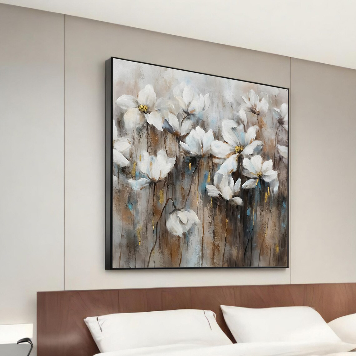 White Flowers Abstract Floral Soft Neutral Botanical Painting Wall Art