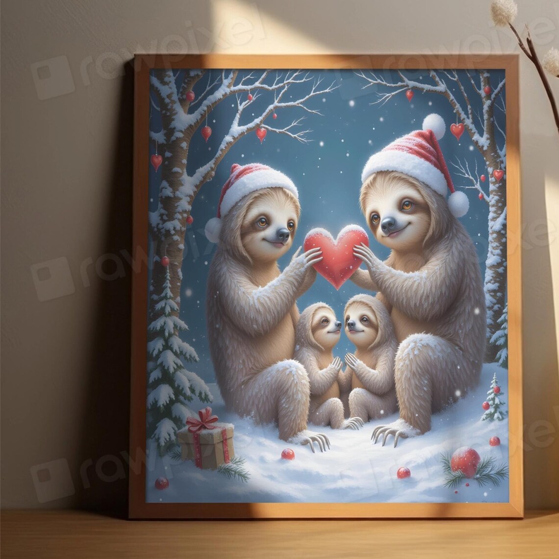 Festive Christmas Sloth Family Holding a Red Heart in Snow Poster - Image 7