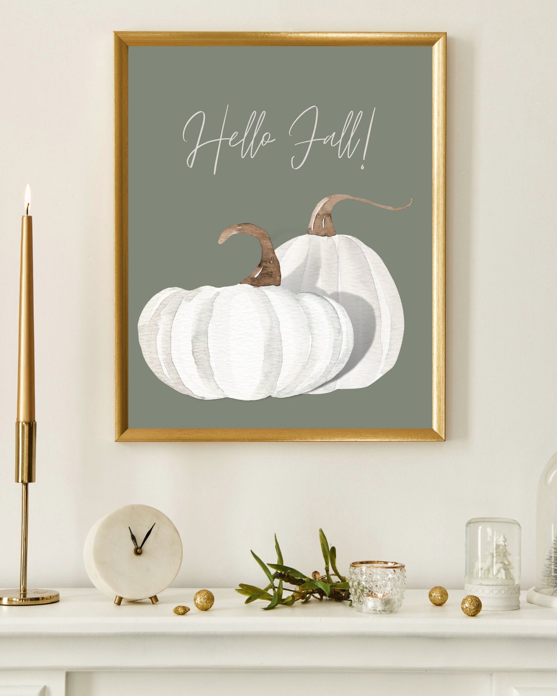 Hello Fall White Pumpkins Watercolor Sage Green Autumn Poster