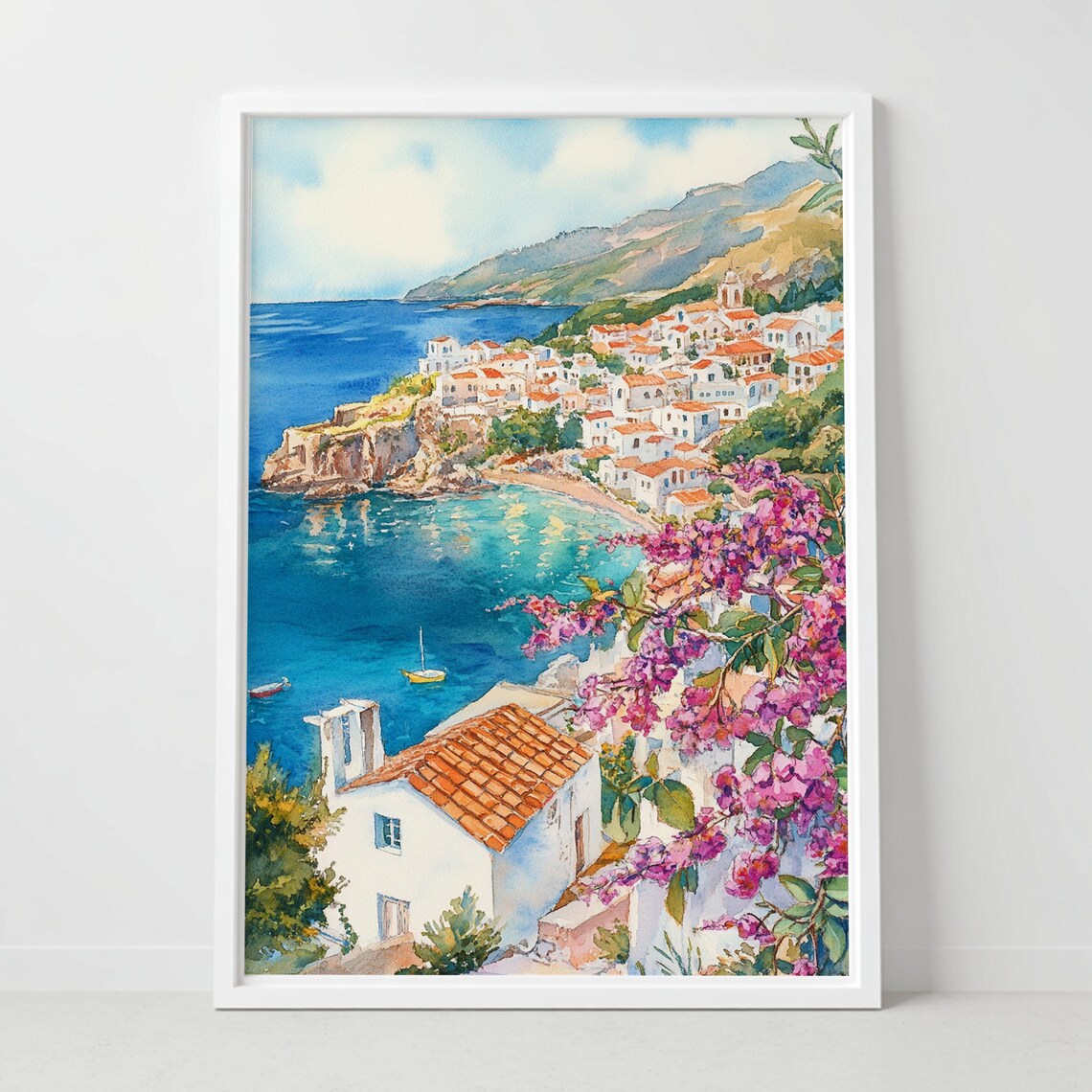 Crete Greece Watercolor Coastal Village Hillside Bay Scene Poster