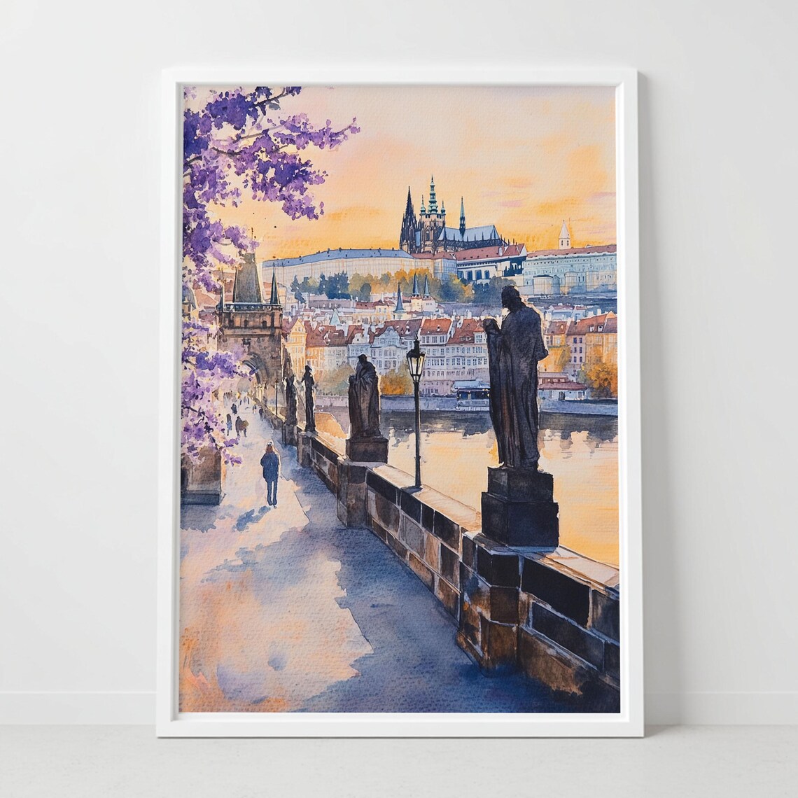 Prague Charles Bridge Sunset Watercolor Old Town River Poster