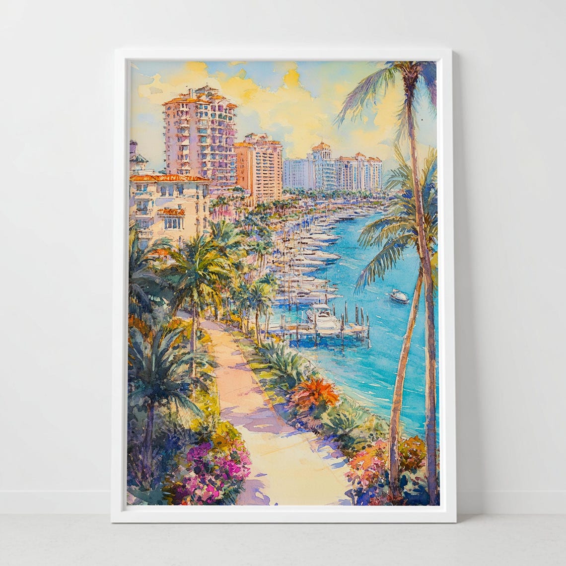 West Palm Beach Florida Marina Palms Waterfront Watercolor Poster