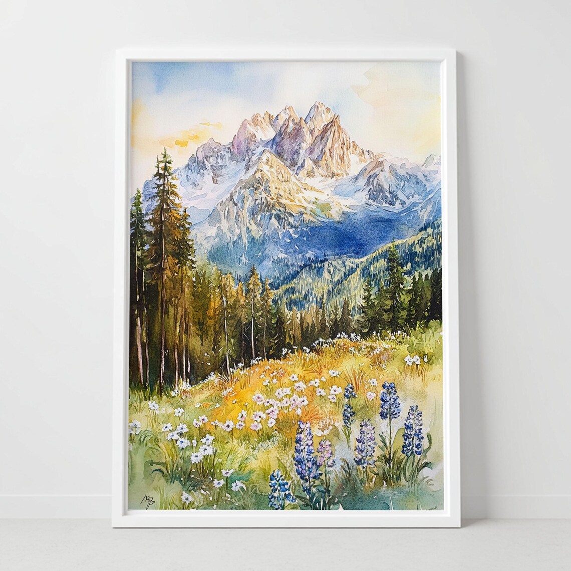 Zugspitze Germany Alpine Peak Wildflowers Watercolor Mountain Poster
