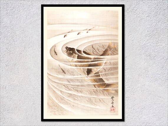Fish In A Whirlpool Kawanabe Kysai Print Japanese Ink Art Vintage Ukiyo E Fish Painting