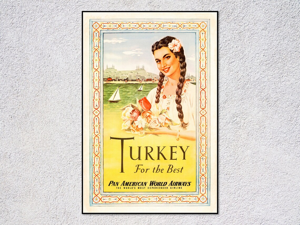 Turkey For the Best Pan Am Airline Vintage Travel Poster Turkish Girl