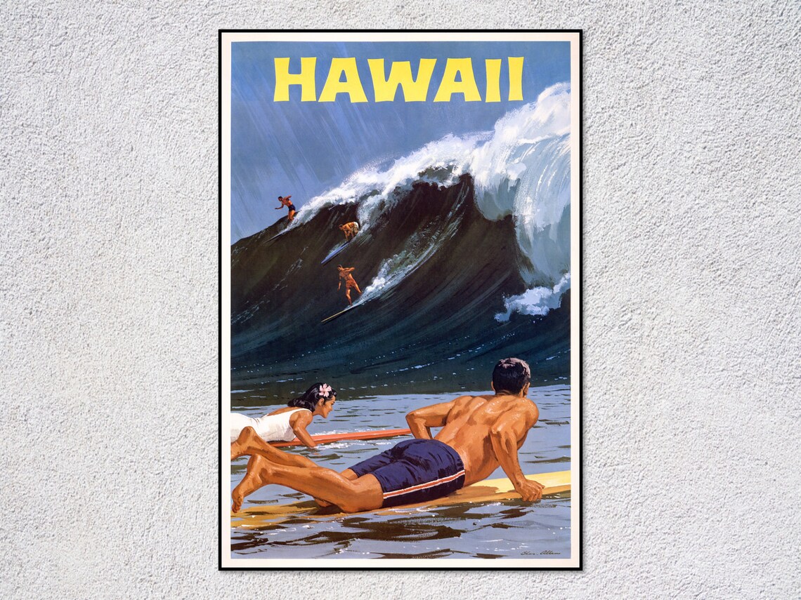 Vintage Hawaii Travel Poster, Retro Beach Art