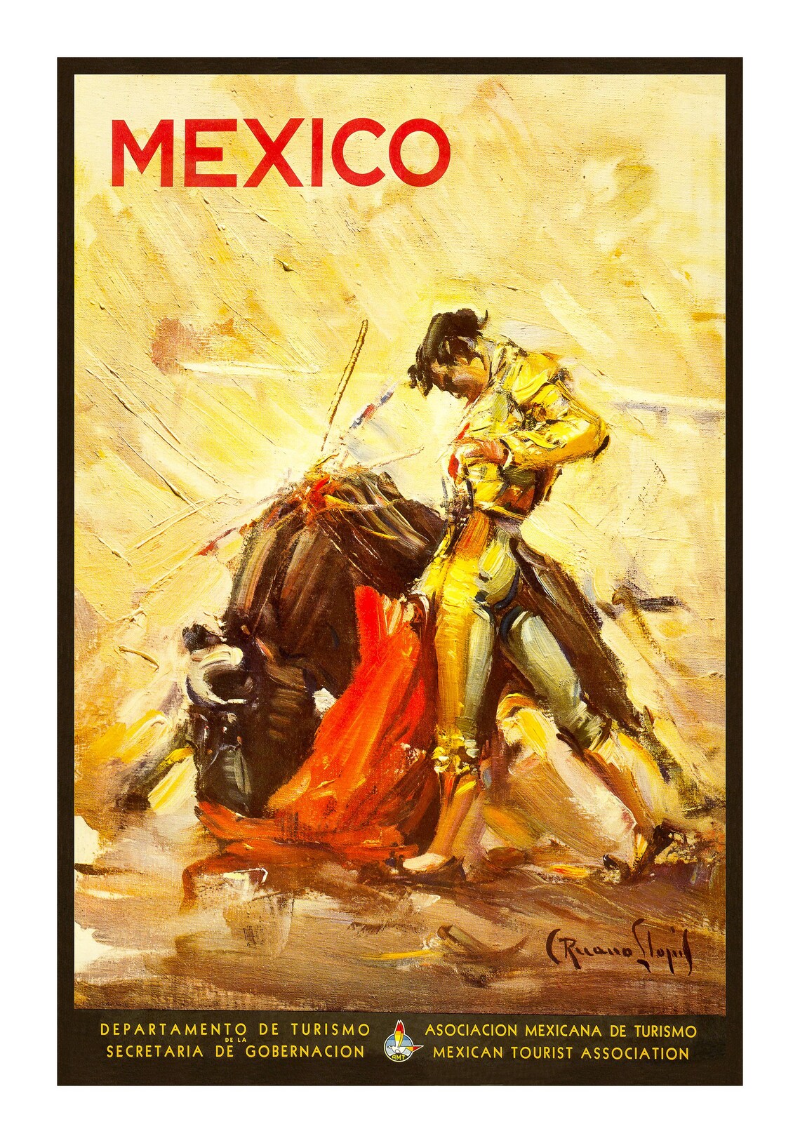 Mexico Bullfighter Vintage Tourism Poster Mexican Matador Travel Print
