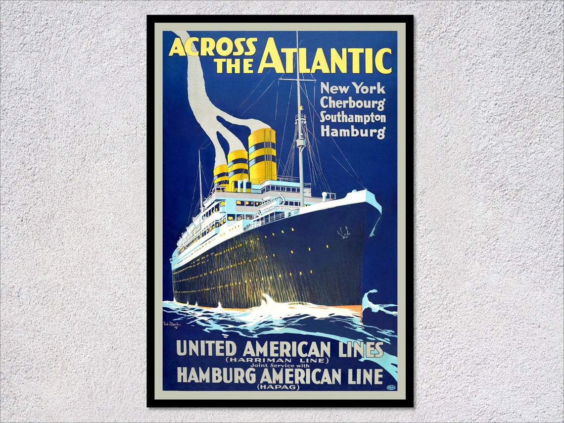 Across the Atlantic United American Lines Ocean Liner Vintage Poster