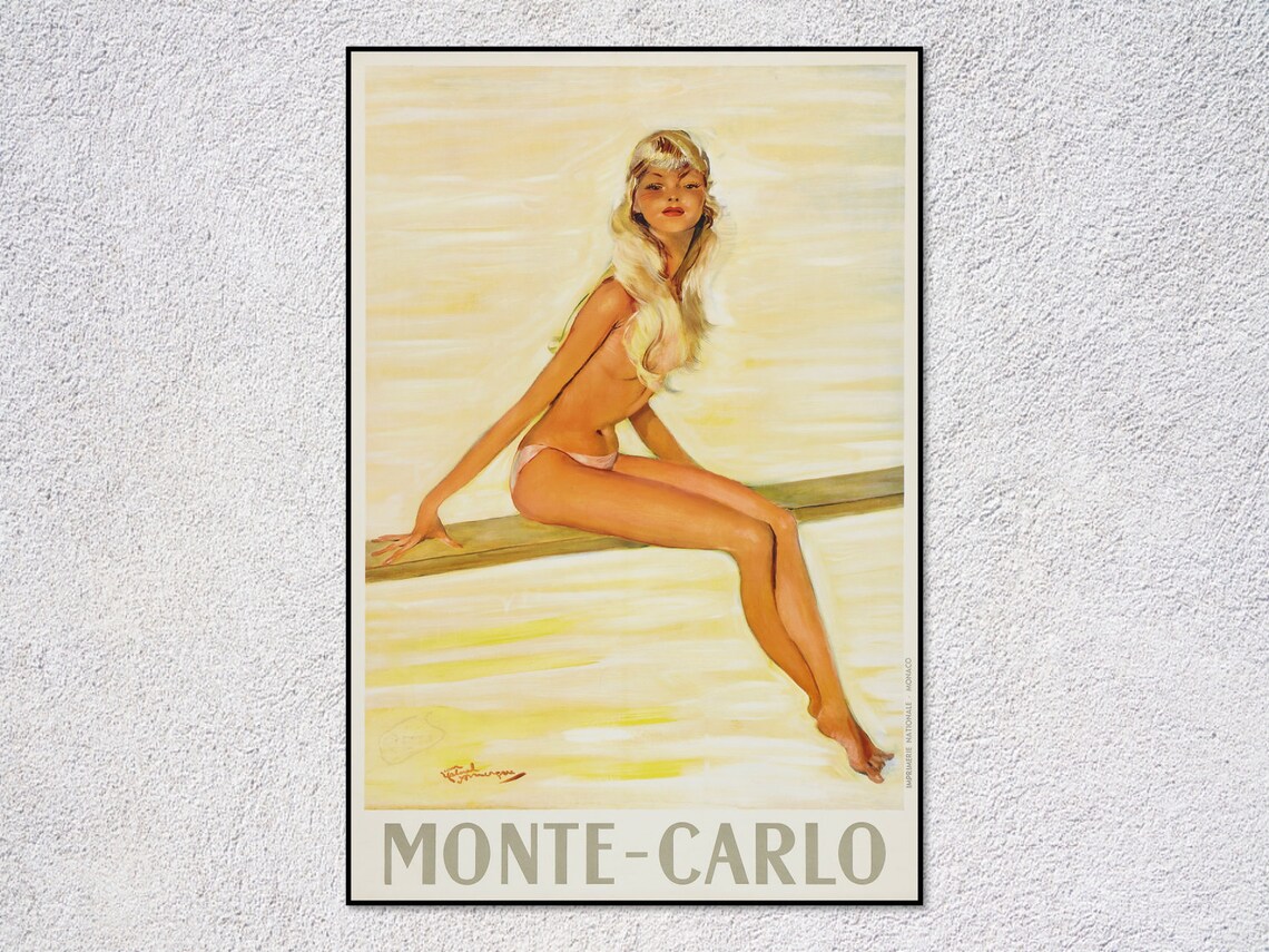 Monte Carlo 1950s Pin-Up Girl Travel Poster, Mid-Century Decor