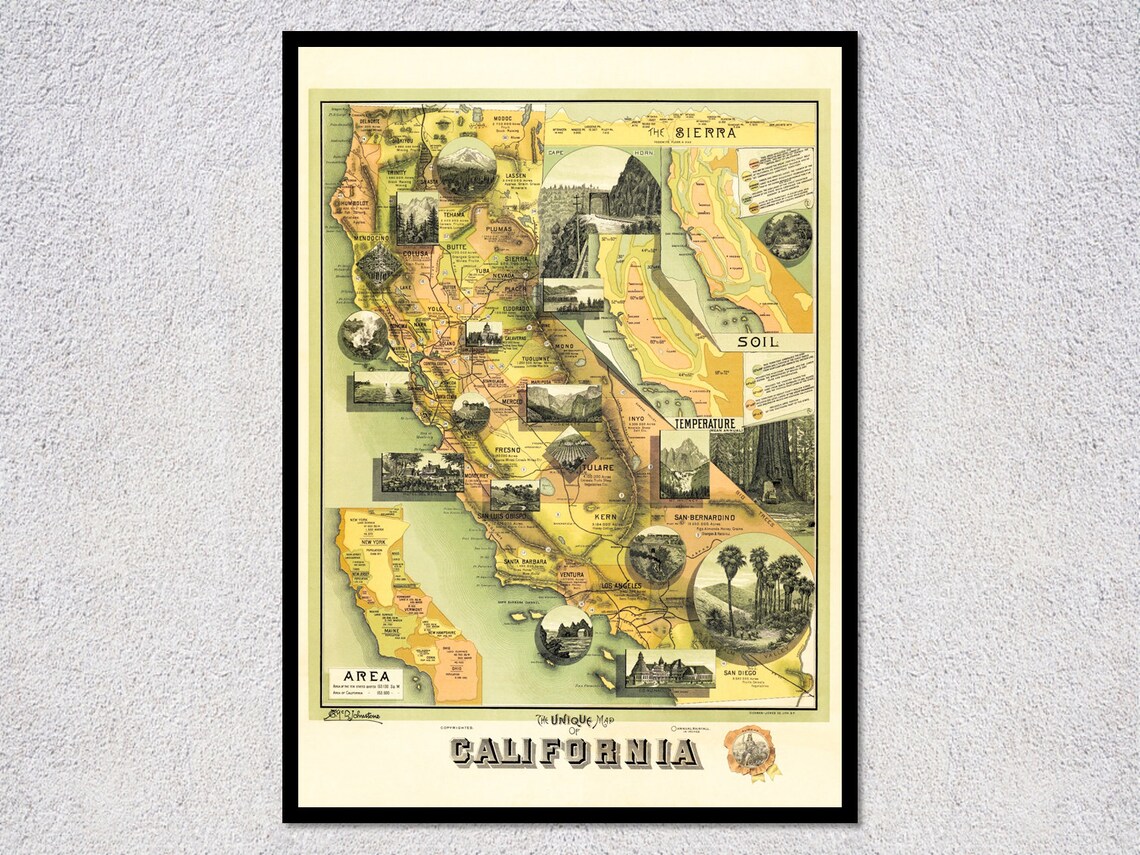 California 1888 Vintage Pictorial State Map Unique Antique Wall Poster