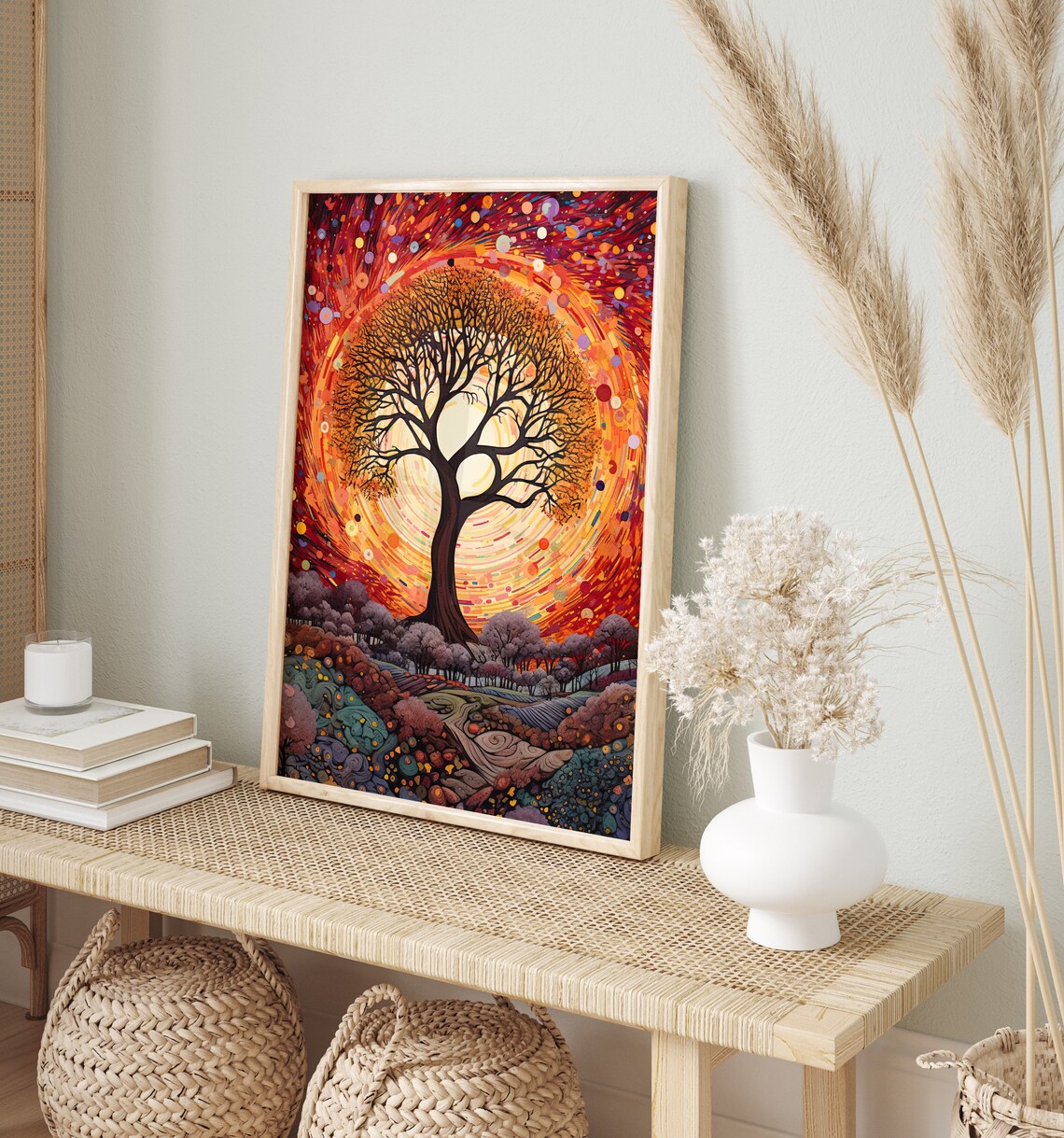 Red Sunset Tree of Life Mosaic Night Sky Vibrant Landscape Poster - Image 3