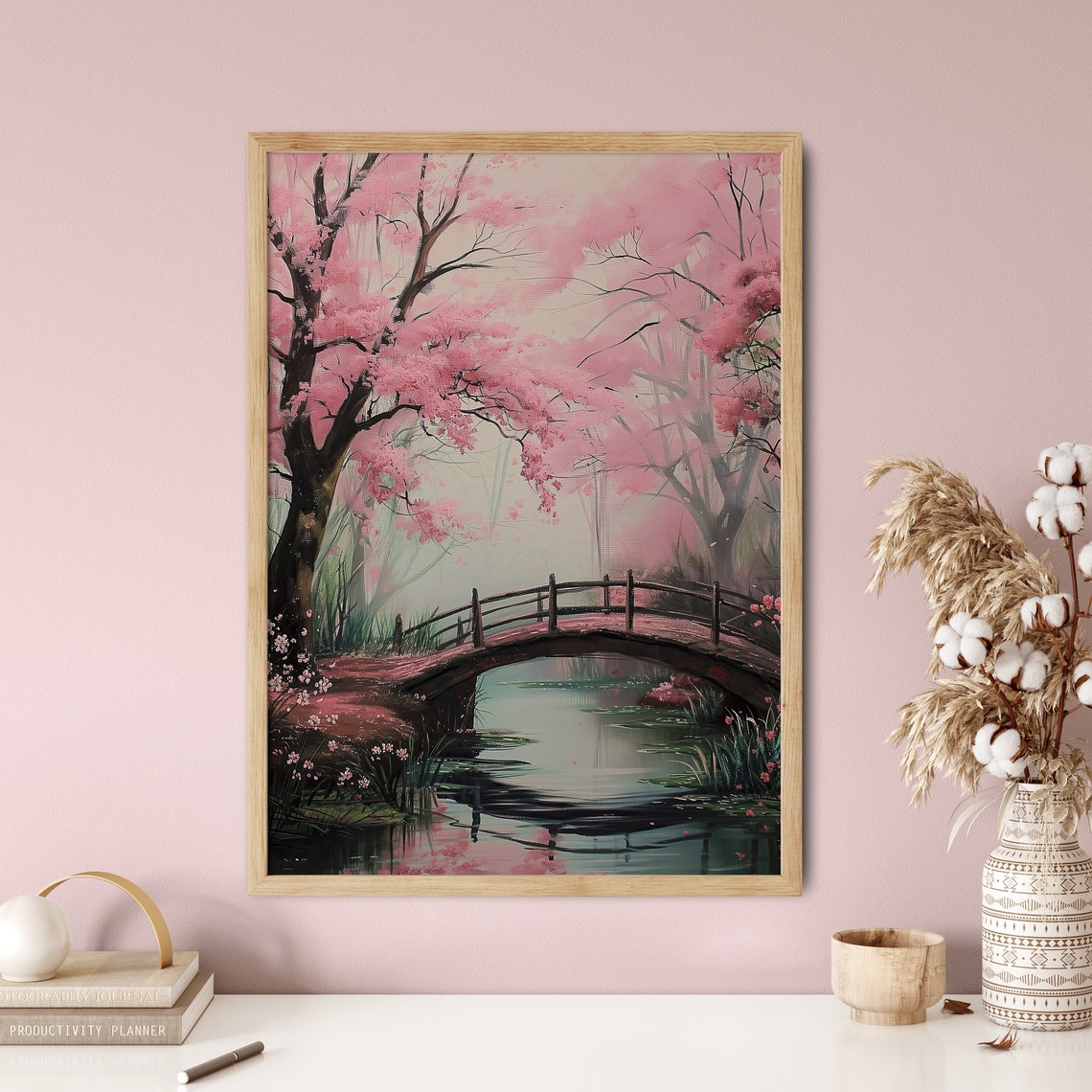 Pink Cherry Blossom Bridge Japanese Garden Pond Sakura Art Poster - Image 5